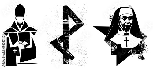 Geometric religious figures including bishop, rune symbol, and nun with halftone texture, stylized vector art, sacred, spiritual symbols.