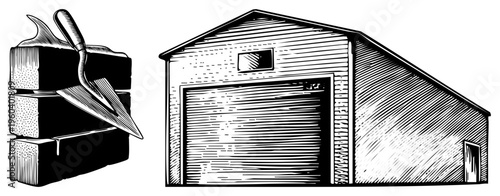 Brick trowel resting on stacked masonry blocks, rustic barn with garage door, hand drawn construction tools, rural workshop, black and white illustration.