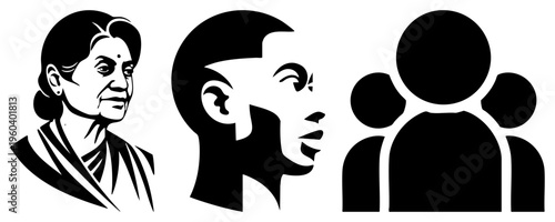 Stylized busts of distinct individuals, graphic profiles, symbolic representation, cultural, minimalist vector art.