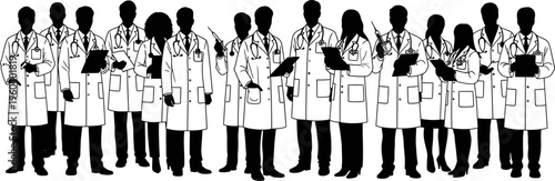 Diverse Group of Medical Professionals Standing Together in Lab Coats, Healthcare Team