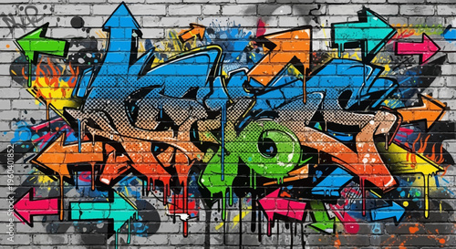 Vibrant Graffiti Art on Brick Wall with Arrows - Urban Street Art Background