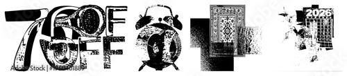 Black and white halftone graphic featuring “75% OFF” stylized text, vintage alarm clock, 2026 calendar, and ornate rug ideal for discount promotions, retro design, or print advertising.