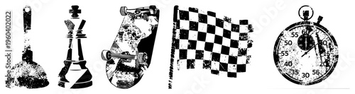 Grunge racing plunger, king, skateboard, flag, stopwatch. Distressed, bold silhouettes. Ideal for racing games, retro design, speed branding.