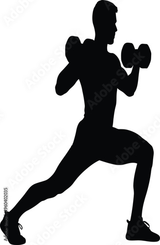 Silhouette of a person exercising with dumbbells in a lunge position