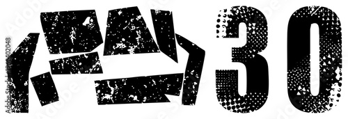 Distressed black typography “30” with halftone and speckled textures, graphic numeral, abstract letterform, vector art, gritty digital font.
