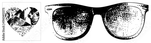 Broken heart mirror reflecting fractured textures, vintage sunglasses with speckled lenses, vector art, stylized eyewear, abstract reflection.