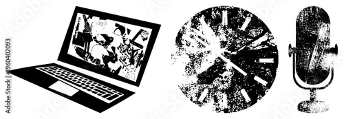 Digital device showing anime scene, analog timepiece with distressed texture, classic microphone on stand vector trio for creative projects.