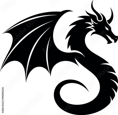 Dragon silhouette icon vector illustration, mythical creature design, fantasy symbol artwork, powerful emblem graphics for legend and mythology themes