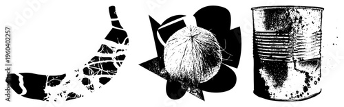 Stylized banana with cracked texture, coconut in starburst frame, rusted tin can with splatter, all in vector art, isolated cutout design.