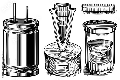 Detailed art of mechanical, cylindrical containers, and labeled jars, rendered in technical sketch style, industrial design, engineering schematics.