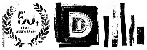 anniversary emblem featuring laurel wreath and bold letter D, rustic textured design, commemorative graphic, milestone celebration, vintage typography.