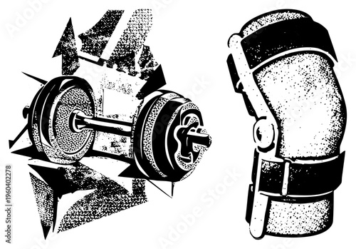 Black and white halftone dumbbell and knee brace, fitness equipment, rehabilitation gear, gym accessories, medical support, strength training tools.