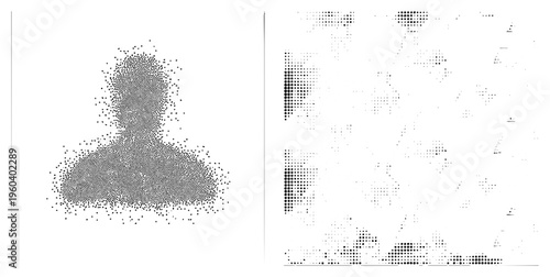 Vectorized human profile rendered via halftone dot density variation, minimalist glyph art, isolated figure, graphic design element,.