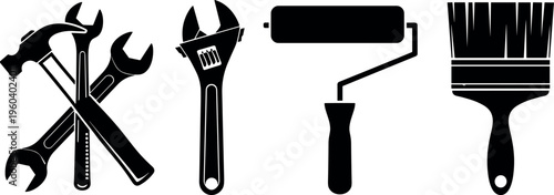 Black silhouette vector illustration of hand tools set, construction repair equipment icons, DIY home improvement artwork design collection