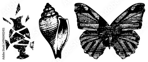 Three black and white vector broken vase with, spiral, and textured butterfly wings all in halftone dot style, ideal for print or digital design projects.