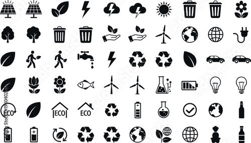 Eco icons vector illustration, sustainability design, renewable energy and recycling symbols, environmental conservation artwork for green lifestyle graphics