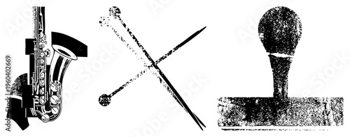 Classic jazz ensemble tools including saxophone, drumsticks, and vintage microphone, rendered in halftone style, ideal for retro music themes or stage design.