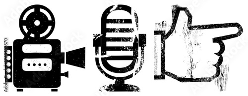 Retro film projector, classic microphone, and pointing thumbs up hand, distressed texture, graphic, communication symbols.