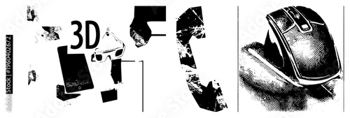 Digital device fragments, 3D glasses, phone, mouse, halftone texture, tech, vector graphic, isolated elements, modern gadgets.