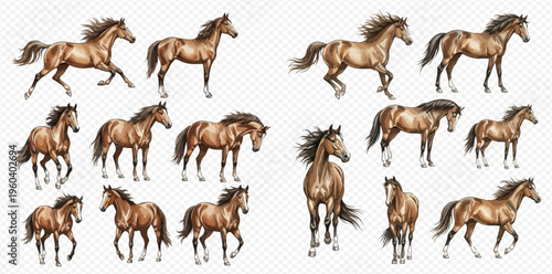 Collection of various brown horses in different poses, showcasing their beauty and movement on a transparent background.