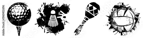 Golf ball, badminton shuttlecock, maraca, basketball rendered in bold halftone with distressed texture, graphic art for sports branding, athletic, vector illustration.