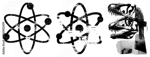 Retro science with distressed atomic structure, halftone dinosaur skull, vector graphic, isolated elements, scientific motif, design.