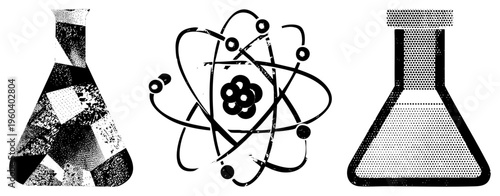 Chemistry beakers with halftone, atomic model with orbiting electrons, scientific illustration, educational graphic, black and white vector art.