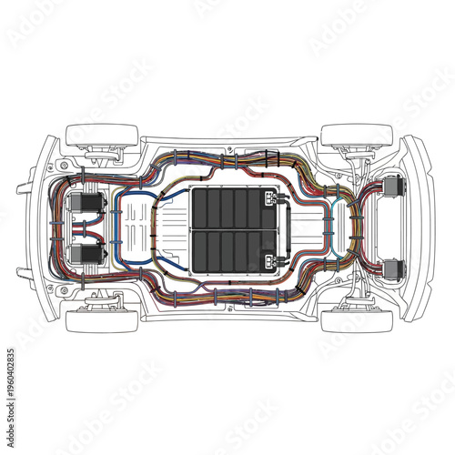 Detailed overhead view of an electric vehicle's advanced battery and wiring system, showcasing internal components for power distribution and management