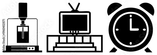 Vintage TV with antenna, espresso maker, classic alarm clock, minimalist vector, retro tech, coffee appliance, timepiece symbols.