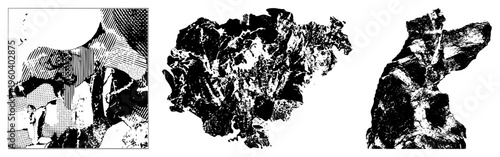 Black and white halftone rock sculptures, geological formations, stylized mountain silhouettes, graphic art, vector design, textured terrain, landscape.