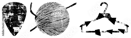 Retro stylized guitar pick, yarn spool, and hanger with distressed texture, design, flat vector art for creative projects.