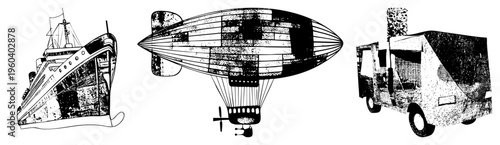 Classic airship with gondola, vintage hull, retro truck cab, halftone dot, isolated vector illustrations, transportation, historical vehicles.