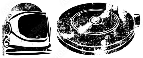 Retro space gear with helmet visor and capsule cockpit, sci fi astronaut gear, space travel equipment, vector design, distressed texture.