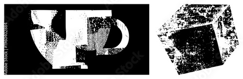 Stylized letterforms and geometric shapes rendered in halftone dot, vector art with texture, graphic design elements, isolated glyphs, bold typography.