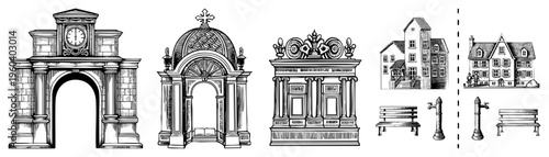 Classic stone archways, clock tower entrances, decorative columns, benches, and water fountains, rendered in detailed art, ideal for urban design or historical illustration projects.