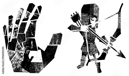 Abstract vector with bow and arrow, stylized hand graphic, halftone texture, bold silhouette, graphic design elements, isolated foreground.