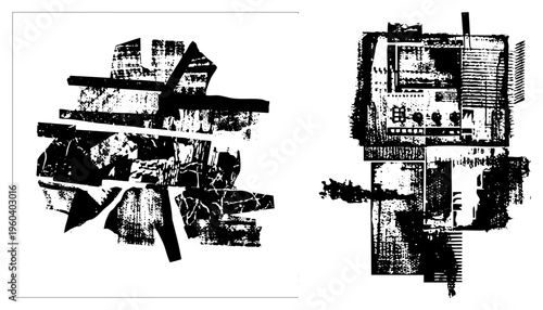 Stylized fragmented forms with halftone texture, abstract composition, graphic design elements, vector art, bold shapes, high contrast visual, modern art motif.