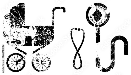 Grunge texture baby stroller, stethoscope, and thermometer, distressed vector art, healthcare and parenting symbols, design.