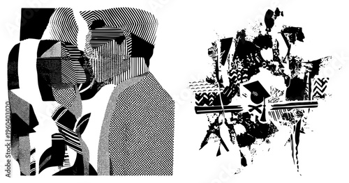 Fragmented black and white vector art using halftone dots, diagonal stripes, and angular forms graphic design element, abstract composition, modern minimalism.