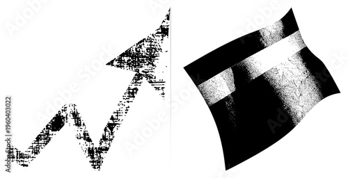 Distressed upward arrow symbol, halftone banner with gradient, graphic design elements, vector art, abstract composition, modern typography, digital illustration.