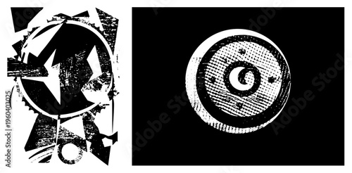 Bold black and white graphic symbols featuring stars,, and fractured shapes, rendered in halftone texture, isolated vector art for branding or design.