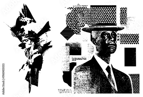 Stylized portrait with fragmented halftone textures and geometric shapes, graphic design art, abstract human figure, bold contrast, vector illustration.