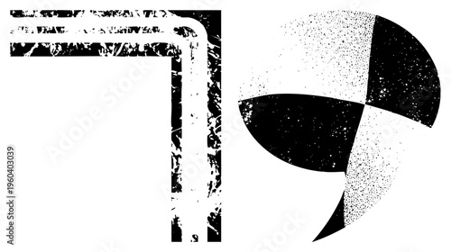 Two stylized graphic forms a textured L shape and a halftone circle segment, vector art with distressed effect, modern abstract design.