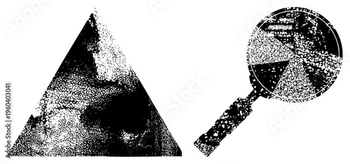 Black and white halftone triangle and magnifying glass, graphic design elements, vector art, print, visual texture, detailed illustration, isolated symbols.