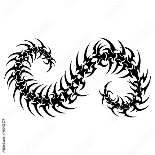 Abstract Tribal Serpent Infinity Blackwork, Symmetrical Gothic Dragon Curve Design