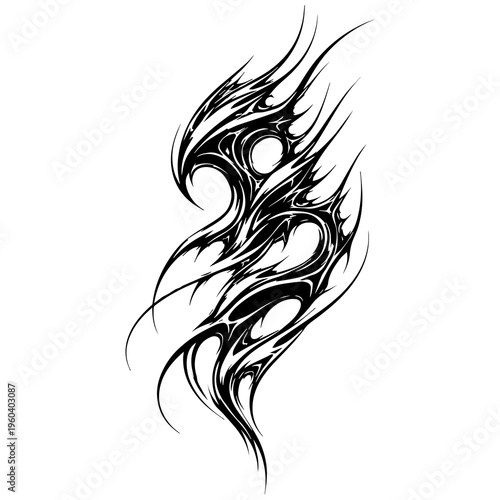 Abstract Tribal Flame Creature Blackwork, Sharp Gothic Ornamental Flow Design