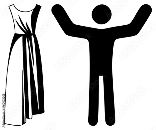 Stylized human figure celebrating with arms raised, elegant gown with draped folds, minimalist, joyful pose, fashion illustration.