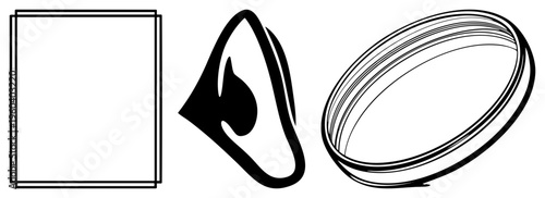 Three minimalist vector forms stacked rectangle, teardrop silhouette, and concentric oval rings, rendered in high contrast style.