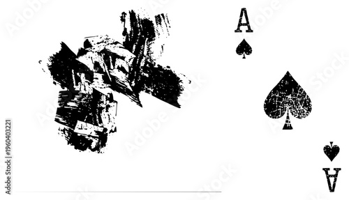 Distressed black spade symbol, ace card, poker deck element, casino gaming graphic, vintage card art, high contrast vector illustration.
