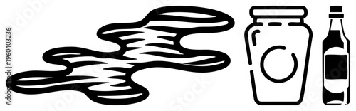 Black illustration of spilled liquid pooling toward jar and bottle, vector graphic, isolated silhouette, stylized fluid motion, container storage.